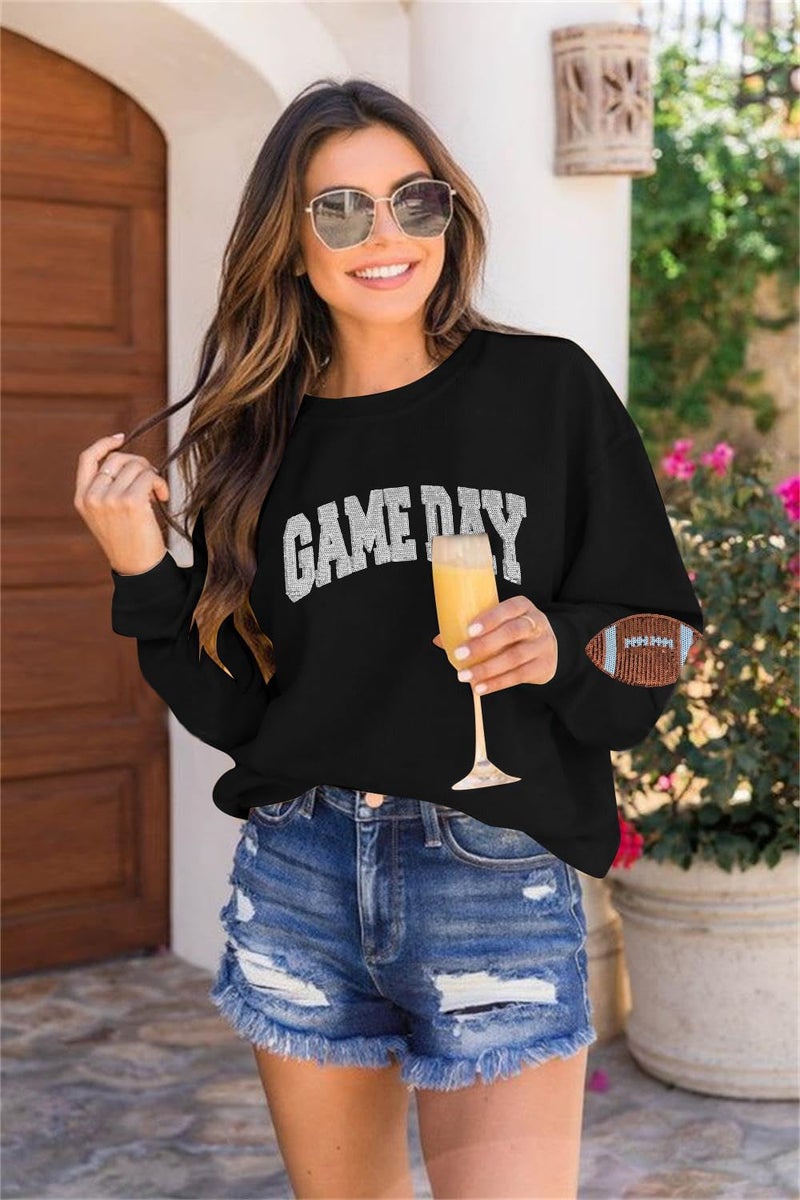 BEIDEFY Game Day Sweatshirt for Women Sequin Football Long Sleeve Shirt Crew Neck Sunday Funday Pullover Tops Black - Image 4