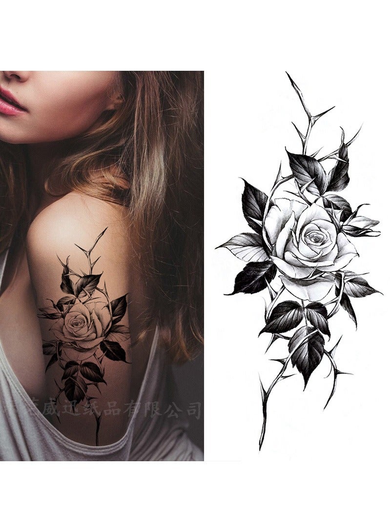 8PCS Floral Temporary Tattoos - Black & White Rose/Peony/Lily Body Stickers for Women | Waterproof & Long Lasting  - Image 3