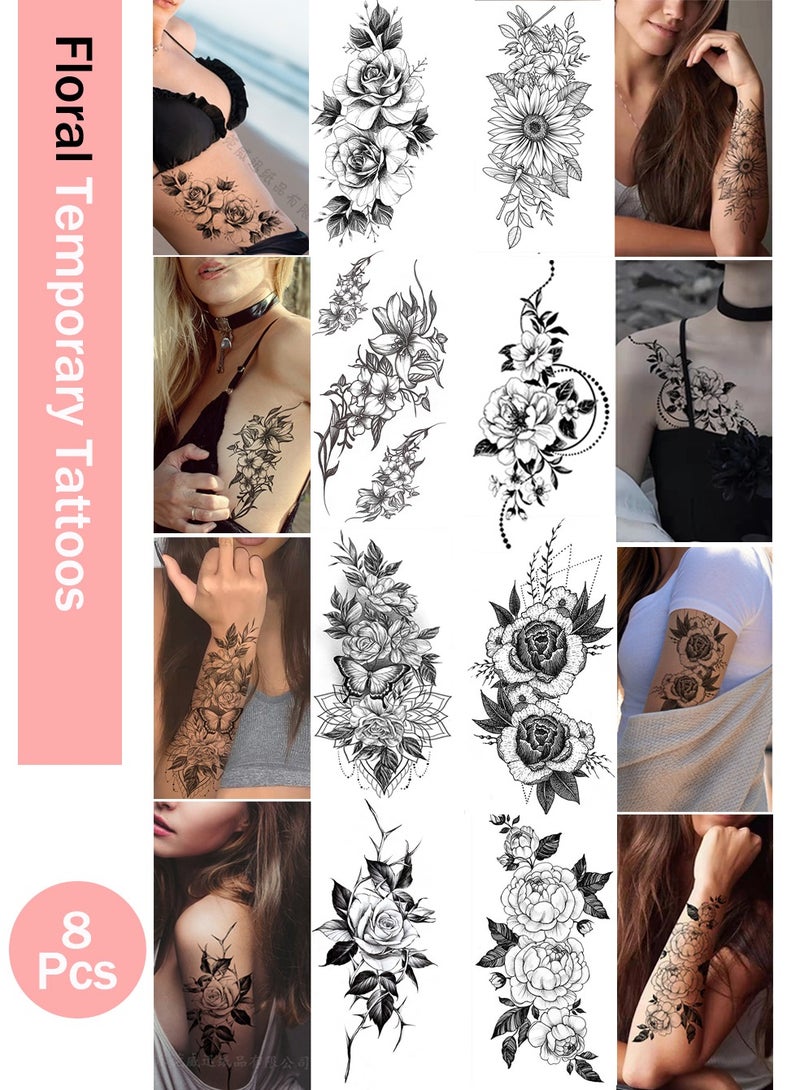 8PCS Floral Temporary Tattoos - Black & White Rose/Peony/Lily Body Stickers for Women | Waterproof & Long Lasting  - Image 1