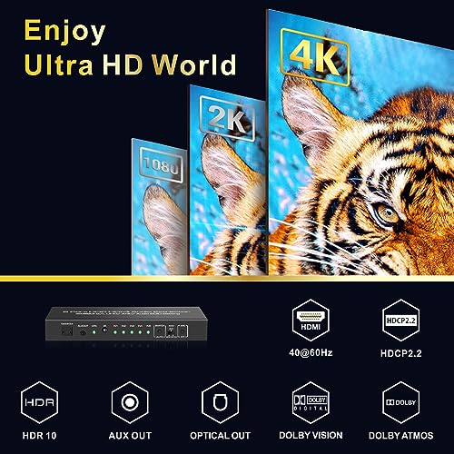iArkPower 5 in 1 Out 4K@60Hz HDMI Switch Audio Extractor with Optical & 3.5mm Out, HDMI 2.0 Audio Splitter Support HDR 10, HDCP 2.2, 18Gbps, Dolby Vision Atmos, ARC, not eARC - Image 4