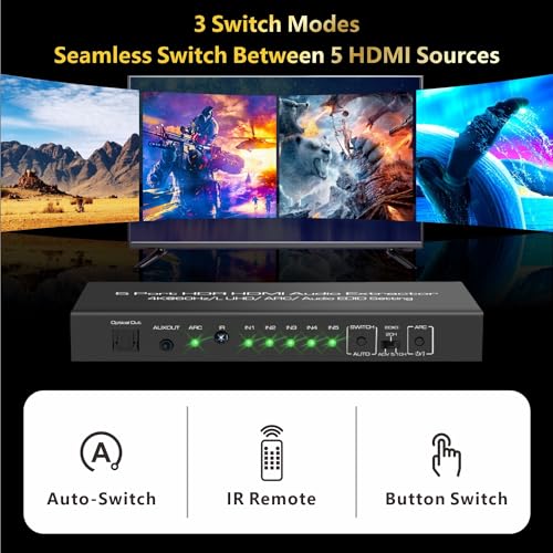 iArkPower 5 in 1 Out 4K@60Hz HDMI Switch Audio Extractor with Optical & 3.5mm Out, HDMI 2.0 Audio Splitter Support HDR 10, HDCP 2.2, 18Gbps, Dolby Vision Atmos, ARC, not eARC - Image 5