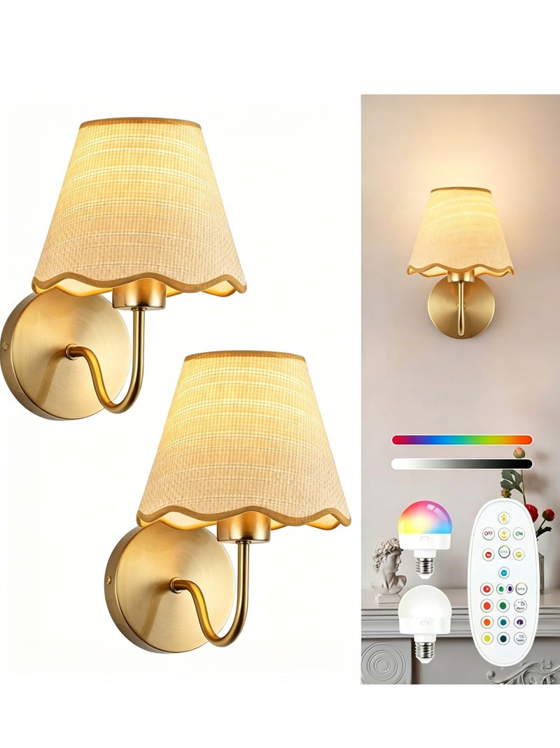 NIUB Wall Sconce Set with Remote Control, 2pcs Wireless Battery Operated Gold Wall Lights, Rechargeable RGB Color Changing & 3 CCT Dimmable Wall Lamps, 5 Brightness Levels, 12 RGB Modes, 30/60/120 Mins Timer, Vintage Fabric Lampshade, for Bedroom, Living Room, Hallway, Kitchen - Image 1