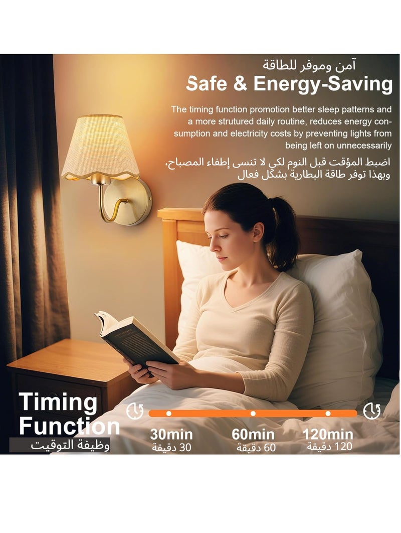 NIUB Wall Sconce Set with Remote Control, 2pcs Wireless Battery Operated Gold Wall Lights, Rechargeable RGB Color Changing & 3 CCT Dimmable Wall Lamps, 5 Brightness Levels, 12 RGB Modes, 30/60/120 Mins Timer, Vintage Fabric Lampshade, for Bedroom, Living Room, Hallway, Kitchen - Image 5