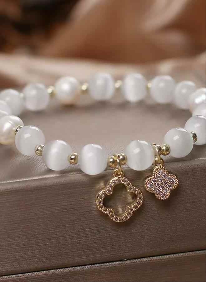 New women's four-leaf flower crystal bracelet with elastic rope and pearl lucky beads - Image 2