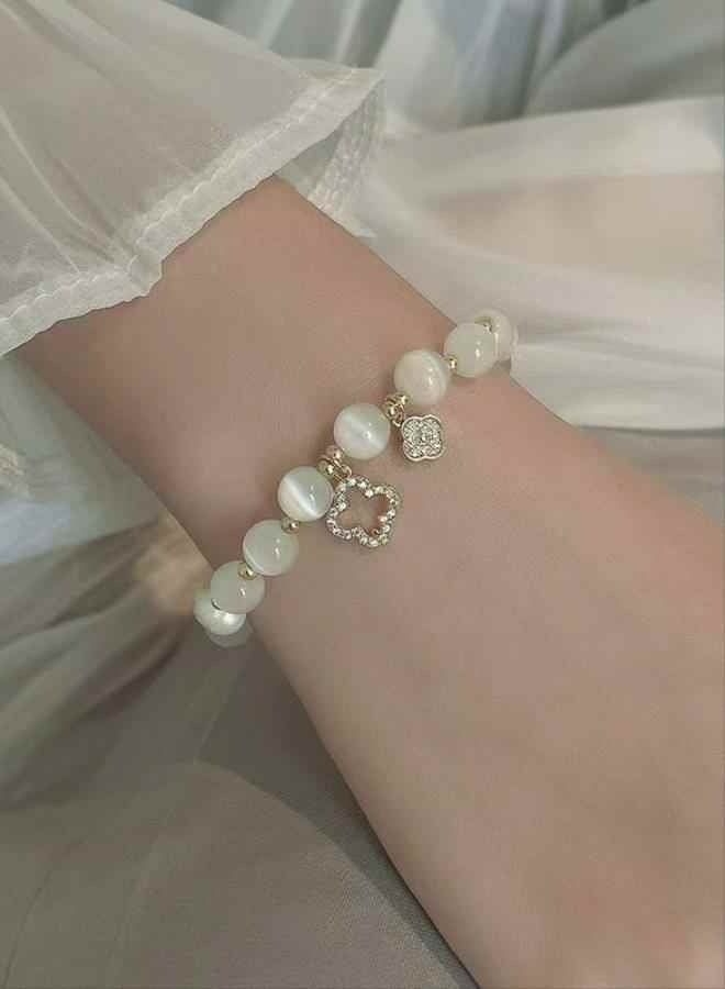 New women's four-leaf flower crystal bracelet with elastic rope and pearl lucky beads - Image 3