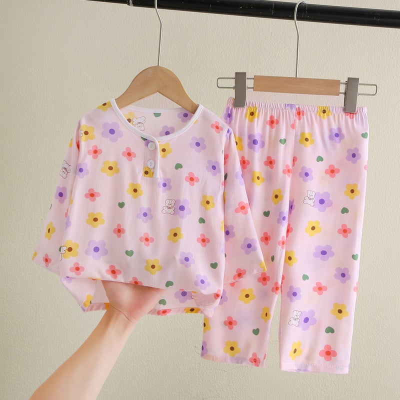 Kids Pajama Set Cotton Breathable Sleepwear Small Floral 