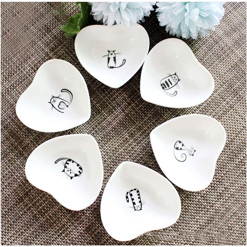 XinHuiGY Cute Cat Ceramic Side Sauce Dishes Mini Heart shape Seasoning Dish Sushi Soy Dipping BowlServing Saucers DisheMeow Porcelain Small Tea Bag Holder Set of 6 Cat  - Image 1
