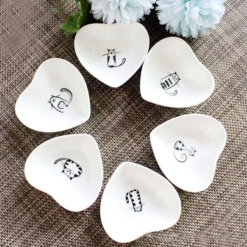 XinHuiGY Cute Cat Ceramic Side Sauce Dishes Mini Heart shape Seasoning Dish Sushi Soy Dipping BowlServing Saucers DisheMeow Porcelain Small Tea Bag Holder Set of 6 Cat  - Image 2