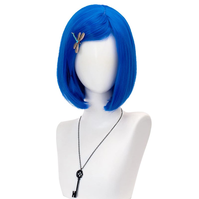 TSNOMORE Blue Bob Cosplay Wig Short Straight Synthetic Wig with Key Necklace and Dragonfly Hairclip Halloween Costume Party Cosplay