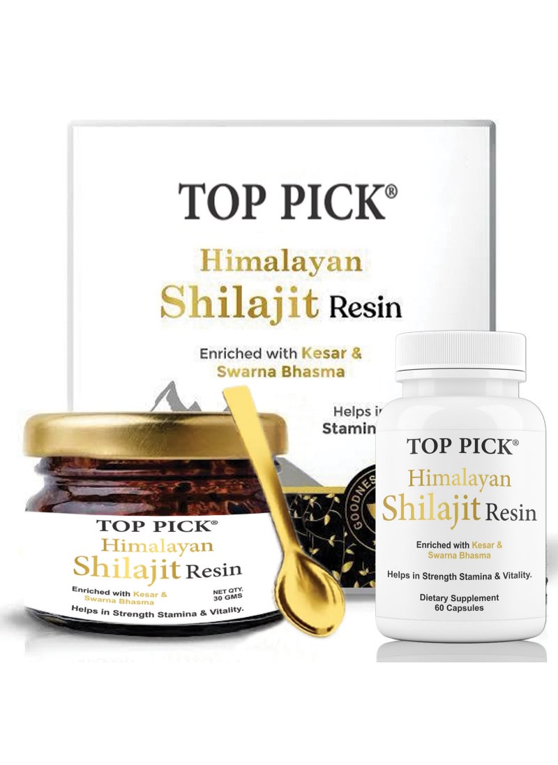 Top Pick Enriched Himalayan Shilajit Combo Pack Kesar & Swarna Bhasma 30g + 60 Capsules 
