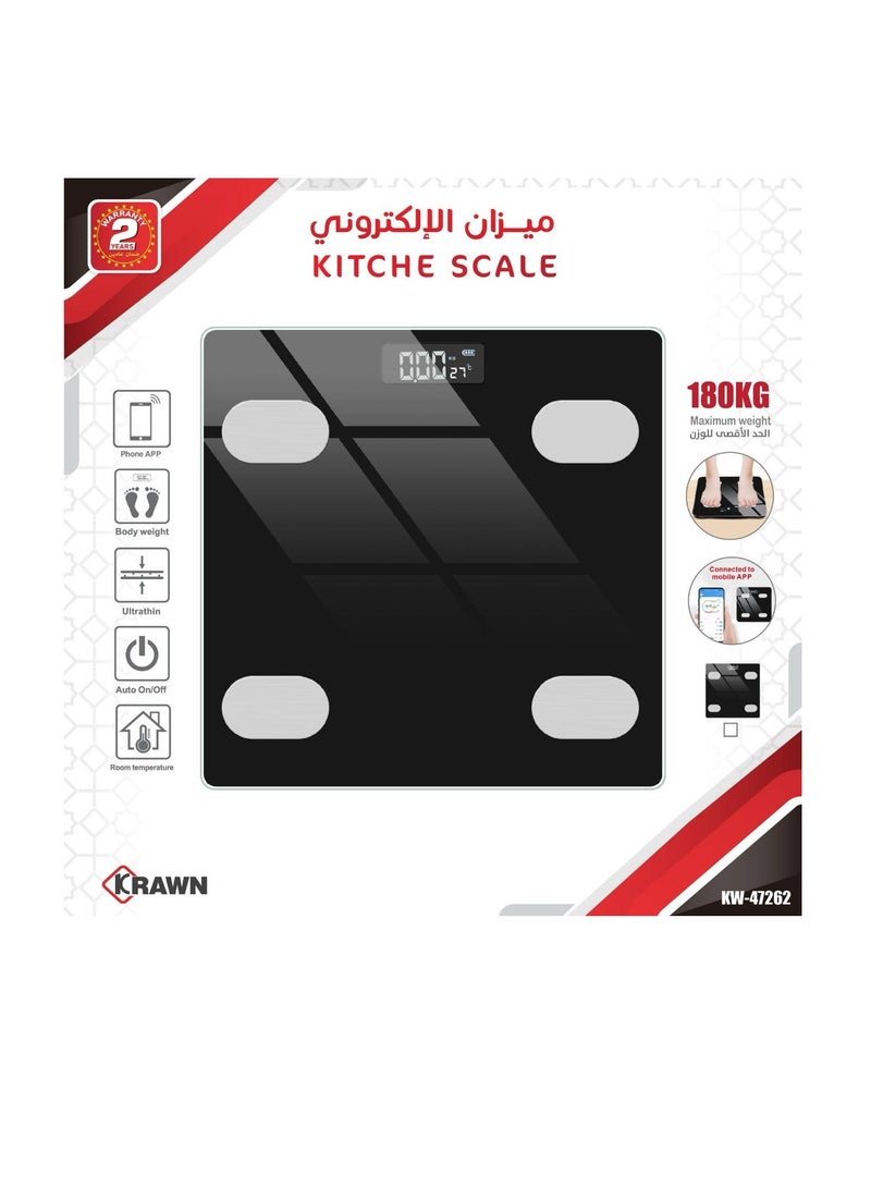 KRAWN Ultrathin Smart Scale with App Connectivity, 180kg Capacity, Auto On/Off, Body Weight & Room Temperature Display 47262 Black - Image 1