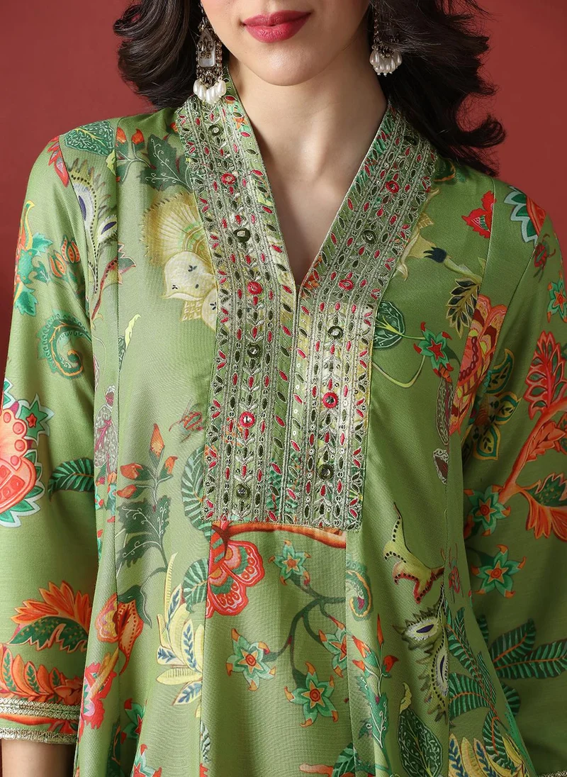 globus Globus Women Green Zari Embroidered V-Neck Panelled Floral Print Anarkali Kurta With Pants Festive Set