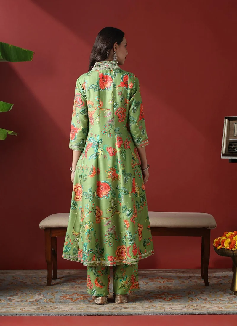 globus Globus Women Green Zari Embroidered V-Neck Panelled Floral Print Anarkali Kurta With Pants Festive Set