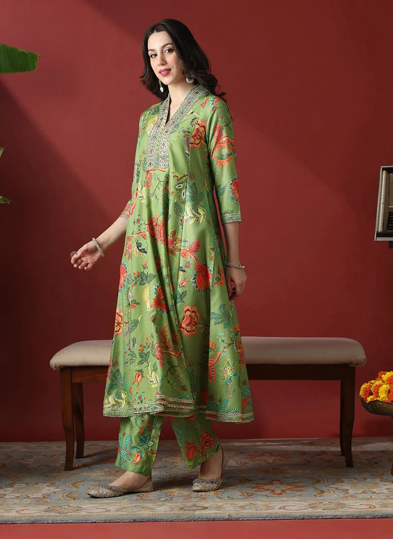 globus Globus Women Green Zari Embroidered V-Neck Panelled Floral Print Anarkali Kurta With Pants Festive Set