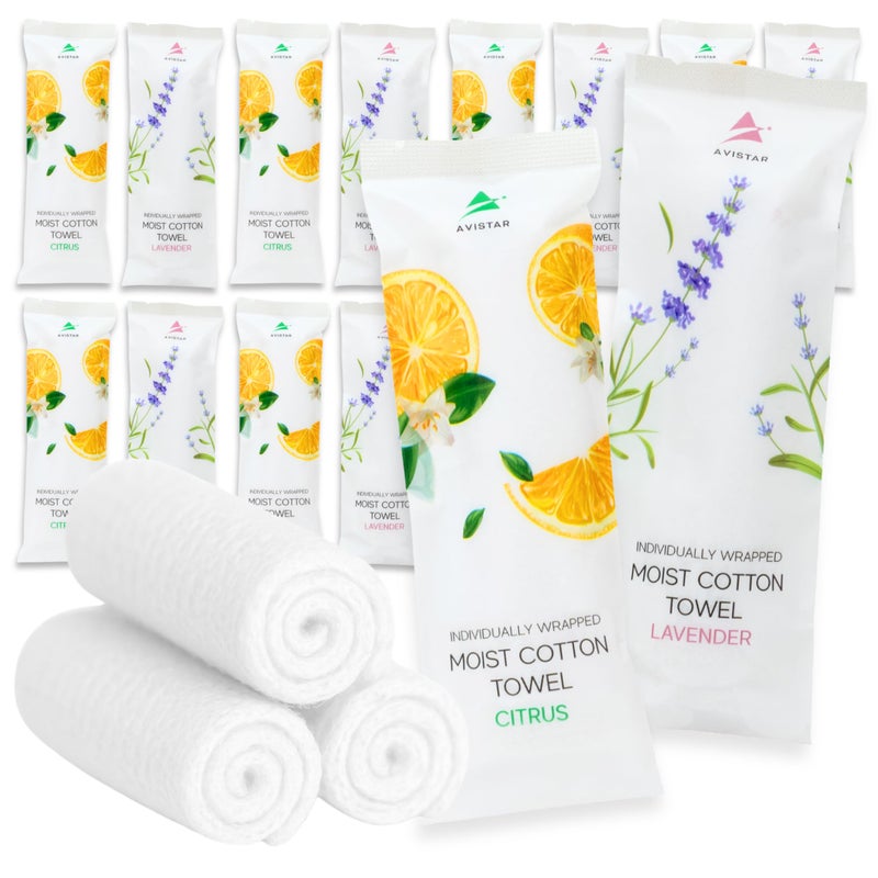 Avistar 60 Hot or Cold Wrapped Moist Towels â€“ 9'' x 9" Moist Towelettes Individually Wrapped Scented Disposable Face & Hand â€“ Pre-Moistened Hand Wipes Soft Refreshing for Travel, Spa, Restaurant - Mixed - Image 1