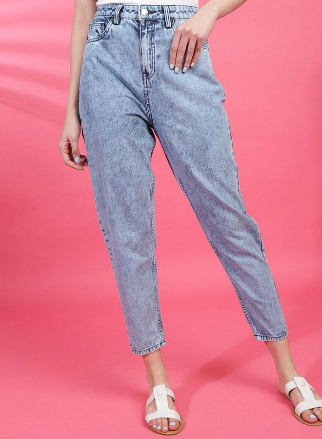 مرفوعة جينز نسائي فري هاند أزرق بقصة موم فيت وغسيل حمضي - Image 1