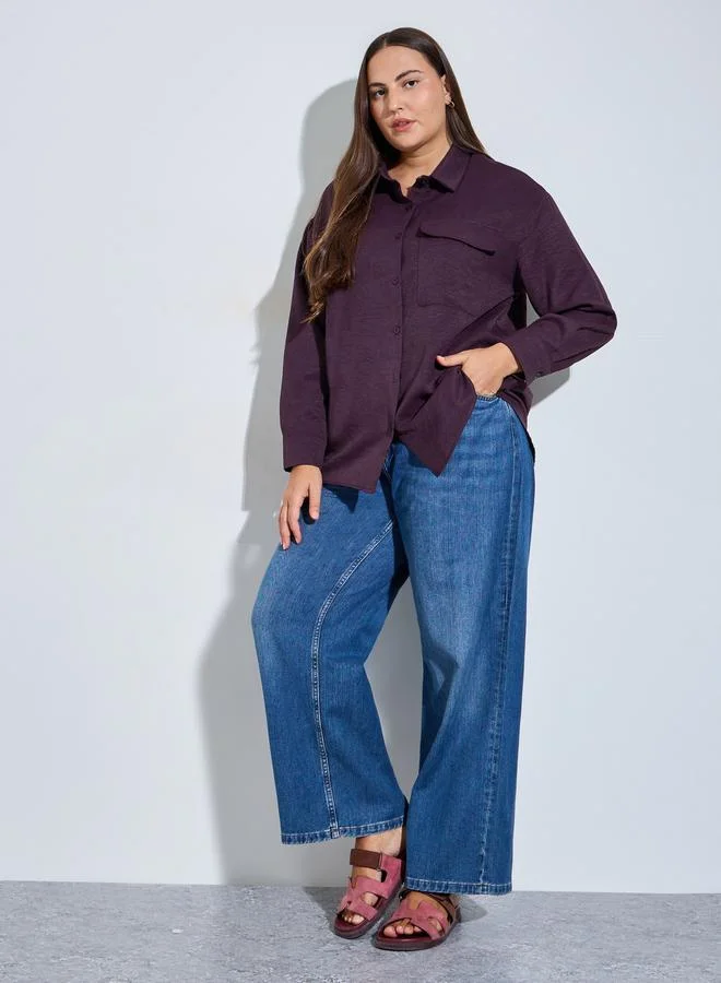 ستايلي Plus Size Burgundy Pocket Detail Textured Oversized Shirt