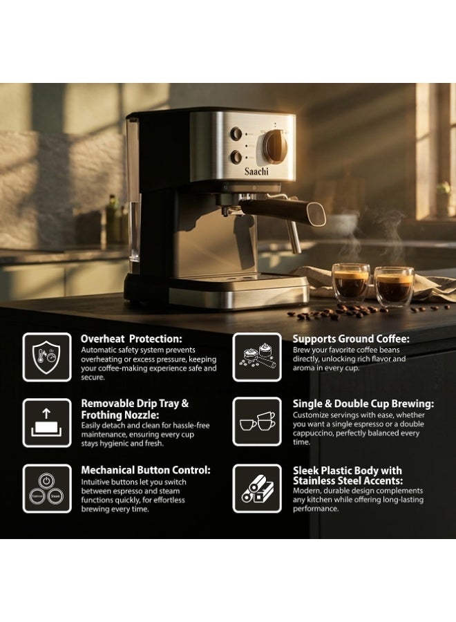 Sachi 20-Bar Espresso Coffee Maker, Cappuccino & Latte Machine, 1.5L Removable Water Tank, Milk Frother, Cup Warmer - Image 2