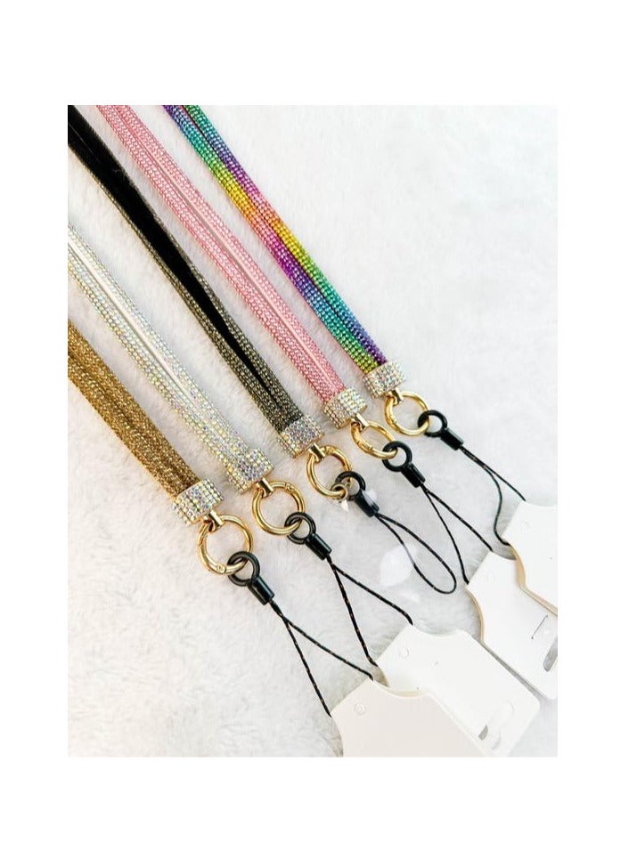 حبل من أحجار الراين الكريستالية مع حلقة مفاتيح، قلادة حامل بطاقات، تصميم لامع، حامل حجر كريستالي فاخر - تصميم أنيق وعصري لتعليق الهواتف وسماعات الأذن. (60 سم) - Image 3