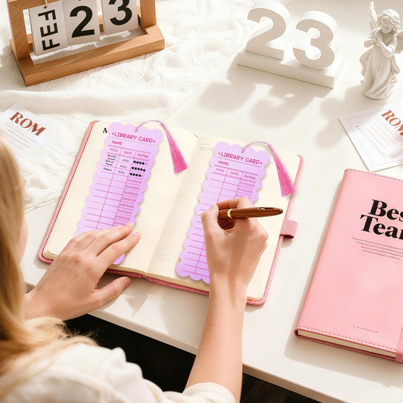 NRWRTY 50 PCS Reading List Bookmarks Valentine's Day Book Tracker with 50 Bookmark Tassels Reading Log Bookmark 3 x 8 Inch Pink Library Card for Reading for Teacher Women and Book Lovers (100 PC Pink) - Image 2