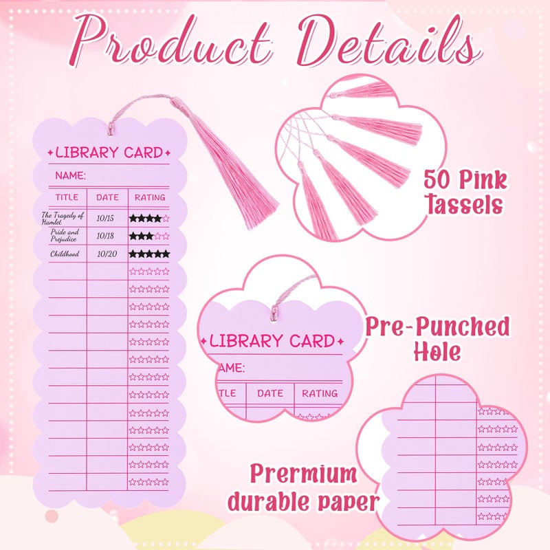 NRWRTY 50 PCS Reading List Bookmarks Valentine's Day Book Tracker with 50 Bookmark Tassels Reading Log Bookmark 3 x 8 Inch Pink Library Card for Reading for Teacher Women and Book Lovers (100 PC Pink) - Image 4