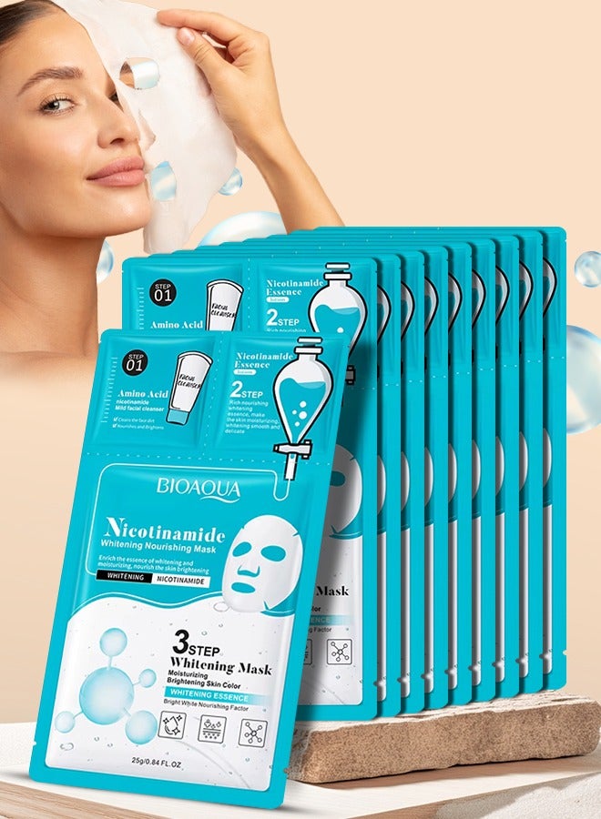BIOAQUA 10 Pcs Nicotinamide Whitening Nourishing Facial Mask Set 3 Steps Skincare Face Mask Sheet with Nicotinamide Facial Cleanser and Lotion Moisturizing Brightening Hydrating Face Sheet for Women and Men - Image 1
