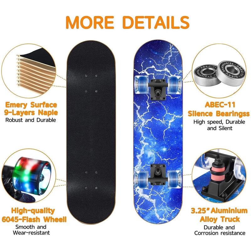 GIEEU Skateboards with Colorful Flashing Wheels for Beginners,Kids,Teens,Adults,31 x 8 Inch Complete Standard Skate Boards 9 Layer Canadian Maple Deck Concave Skateboard - Image 3