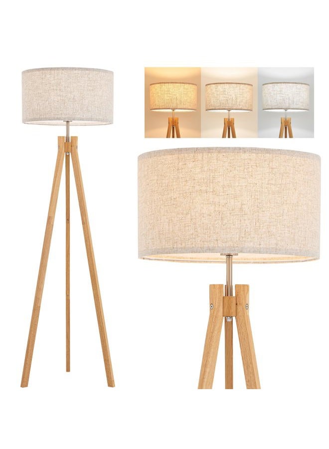 ELYONA Nordic Wood Tripod Floor Lamp, Modern Reading Standing Lamp for Living Room 3 Color Temperatures LED Bulb Included Flaxen Lamp Shade, Boho Natural Wooden floor lamp for Bedroom Office Kids Room - Image 1