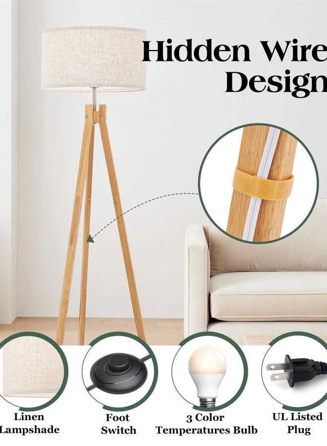 ELYONA Nordic Wood Tripod Floor Lamp, Modern Reading Standing Lamp for Living Room 3 Color Temperatures LED Bulb Included Flaxen Lamp Shade, Boho Natural Wooden floor lamp for Bedroom Office Kids Room - Image 3