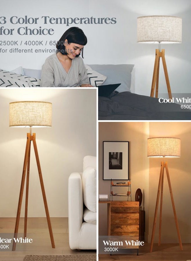 ELYONA Nordic Wood Tripod Floor Lamp, Modern Reading Standing Lamp for Living Room 3 Color Temperatures LED Bulb Included Flaxen Lamp Shade, Boho Natural Wooden floor lamp for Bedroom Office Kids Room - Image 2