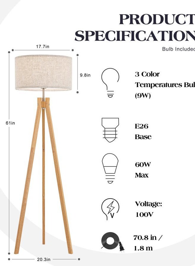 ELYONA Nordic Wood Tripod Floor Lamp, Modern Reading Standing Lamp for Living Room 3 Color Temperatures LED Bulb Included Flaxen Lamp Shade, Boho Natural Wooden floor lamp for Bedroom Office Kids Room - Image 5