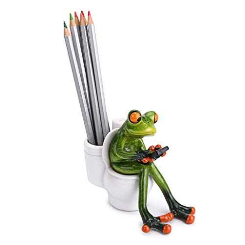 JUXYES Resin Creative 3D Craft Frog Figurine Statue, Funny Green Frog Texting On Toilet Personalized Animal Collectible Figurines Frog Crafts for Home Office Decoration - Image 4