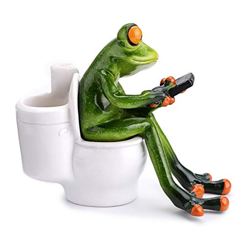 JUXYES Resin Creative 3D Craft Frog Figurine Statue, Funny Green Frog Texting On Toilet Personalized Animal Collectible Figurines Frog Crafts for Home Office Decoration - Image 3