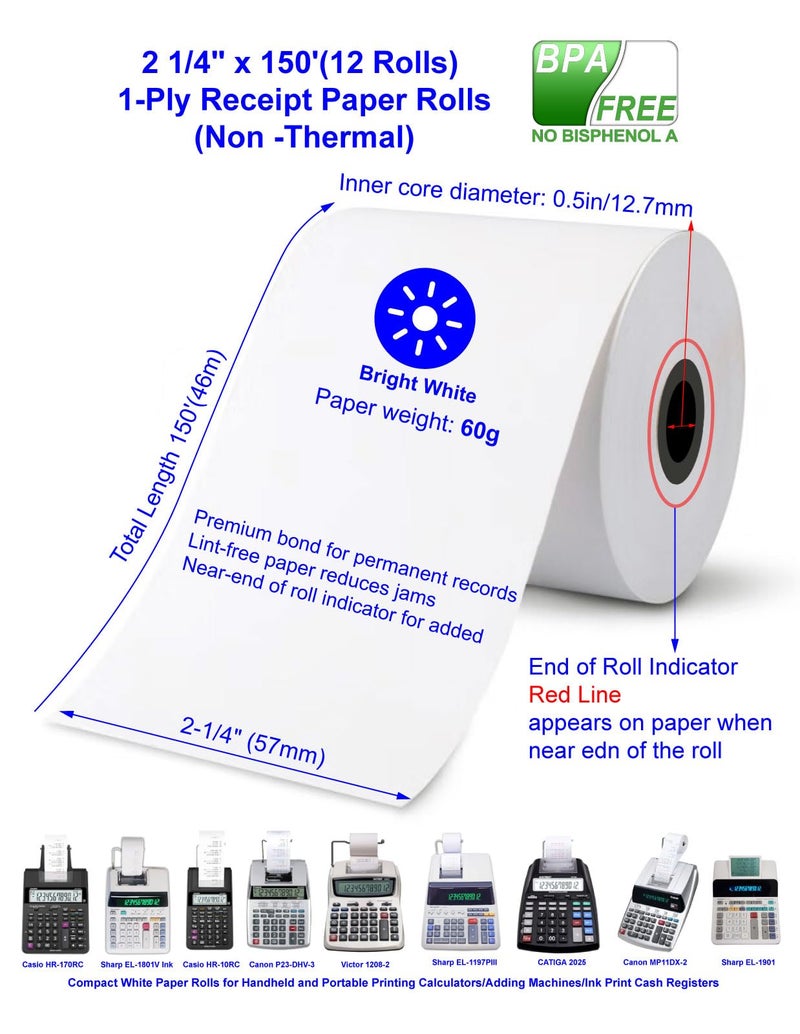 3000LABELS DIRECT (12 Rolls)2 1/4 in x 150 ft Adding Machine Tape Paper Rolls, for HR-10RC, HR-170RC, HR-200RC, EL-1197PIII, EL-1801V, P23-DHV-3, CP-90A, MP11DX-2, 1280-2,3000Labels Direct - Image 3