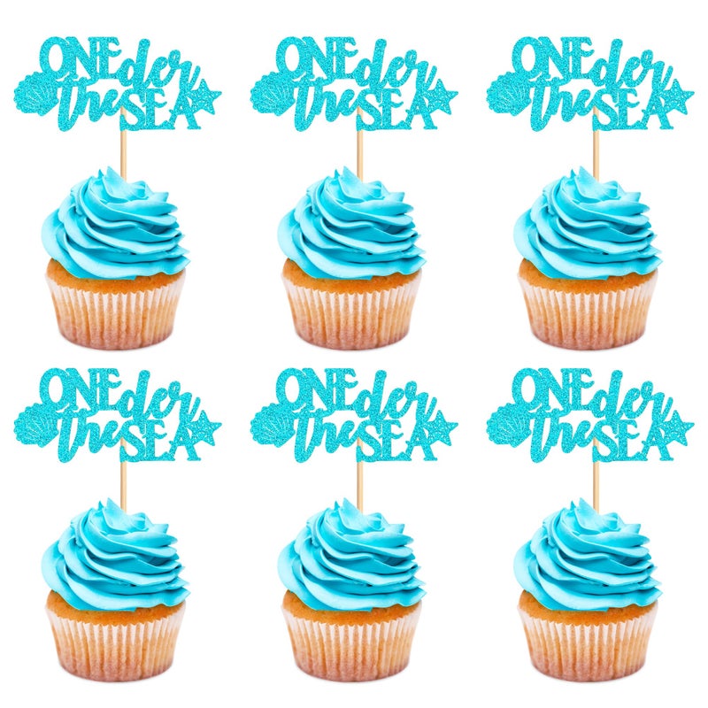 Ercadio 24Pcs Ocean Theme Cupcake Toppers Glitter Blue Onederful Cake Decoration Picks Blue Shell Starfish for Ocean Theme Baby Shower Kids Birthday Party Cake Decoration Supplies - Image 1