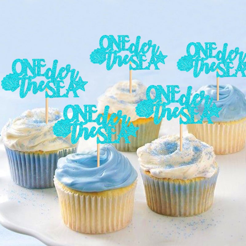 Ercadio 24Pcs Ocean Theme Cupcake Toppers Glitter Blue Onederful Cake Decoration Picks Blue Shell Starfish for Ocean Theme Baby Shower Kids Birthday Party Cake Decoration Supplies - Image 5