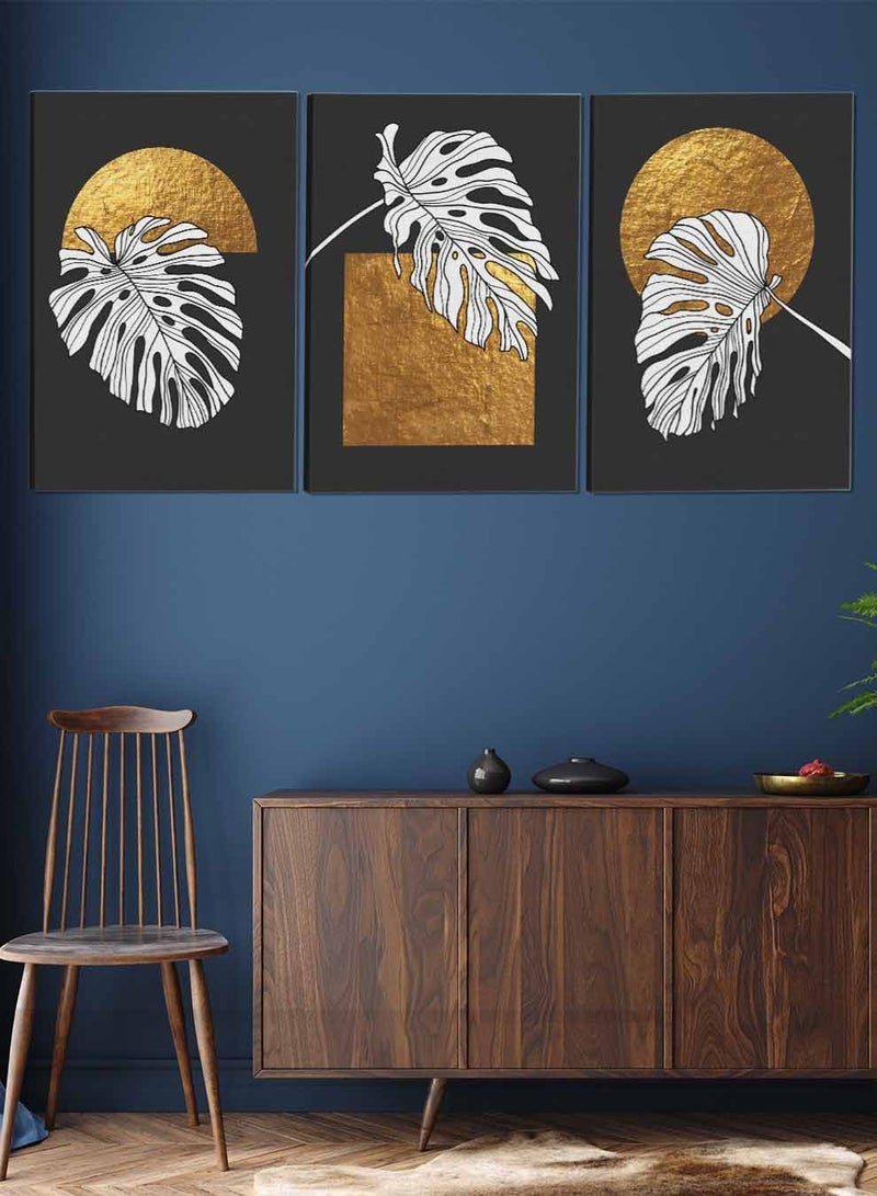 لوحة طقم من ٣ لوحات كانفاس على إطار خشبي تصميم أوراق الزهور للمنزل غرفة المعيشة المكتب الديكور - Image 2