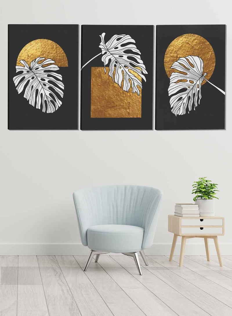 لوحة طقم من ٣ لوحات كانفاس على إطار خشبي تصميم أوراق الزهور للمنزل غرفة المعيشة المكتب الديكور - Image 1