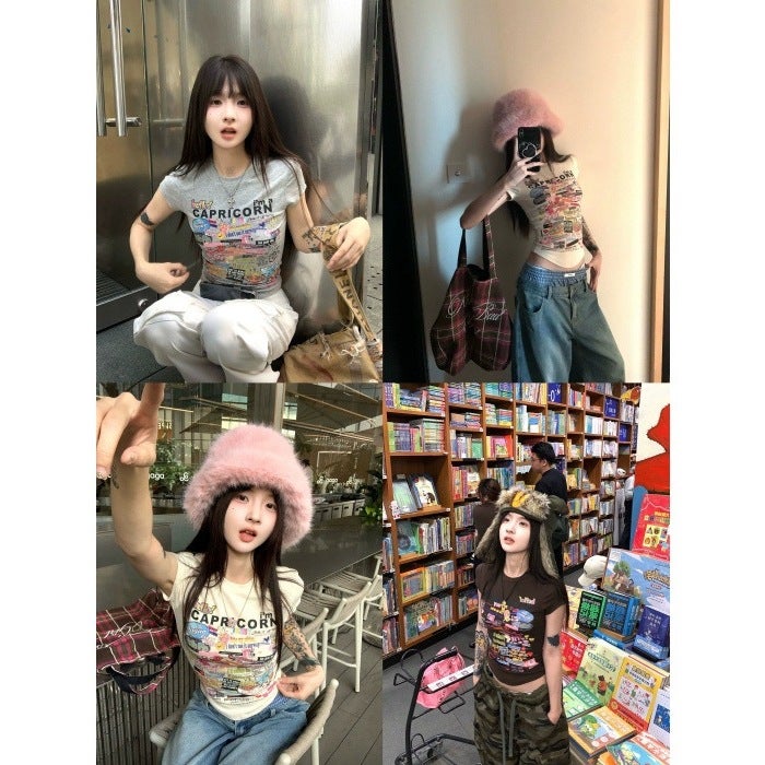 American Girl Cartoon Printed Round Neck Short-Sleeved T-Shirt For Women Summer Slim Waist Short Top Trendy - Image 4