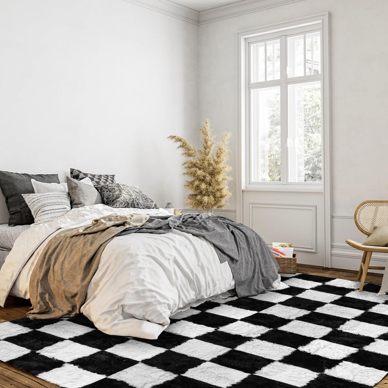 - LEEQHRRY - Black and White Checkered Rug 9x12, Shag Area Rug for Living Room or Bedroom, Fluffy Washable Indoor Non-Slip Fuzzy Carpet, Modern Aesthetic Home Decor - Image 2