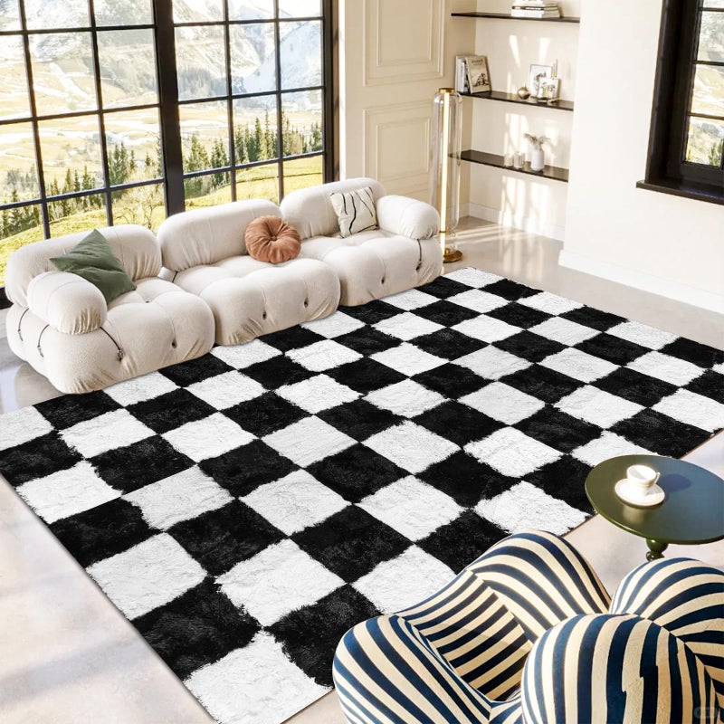 - LEEQHRRY - Black and White Checkered Rug 9x12, Shag Area Rug for Living Room or Bedroom, Fluffy Washable Indoor Non-Slip Fuzzy Carpet, Modern Aesthetic Home Decor - Image 1