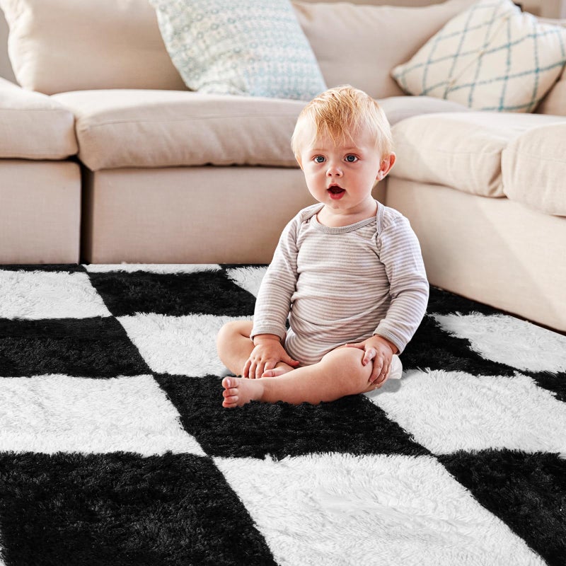 - LEEQHRRY - Black and White Checkered Rug 9x12, Shag Area Rug for Living Room or Bedroom, Fluffy Washable Indoor Non-Slip Fuzzy Carpet, Modern Aesthetic Home Decor - Image 5