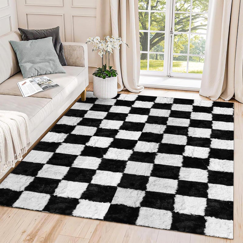 - LEEQHRRY - Black and White Checkered Rug 9x12, Shag Area Rug for Living Room or Bedroom, Fluffy Washable Indoor Non-Slip Fuzzy Carpet, Modern Aesthetic Home Decor - Image 3