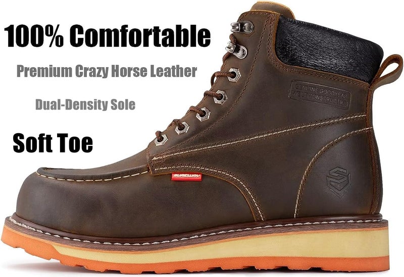 SUREWAY Mens Heavy Duty Soft/Composite/Steel Toe Work Boots for Men-Comfortable,GoodyearWelt,Full Grain Leather,6 in Wedge Moc Toe Construction Boots/Shoes,Soft Toe Brown,Size 10.5 - Image 2
