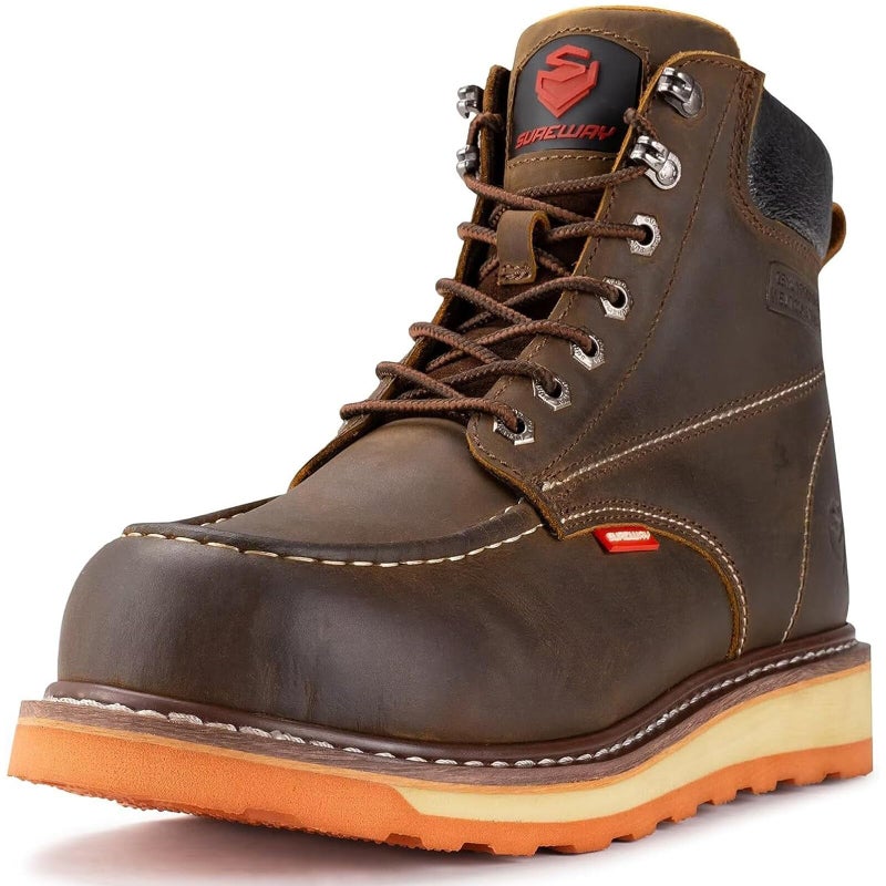 SUREWAY Mens Heavy Duty Soft/Composite/Steel Toe Work Boots for Men-Comfortable,GoodyearWelt,Full Grain Leather,6 in Wedge Moc Toe Construction Boots/Shoes,Soft Toe Brown,Size 10.5 - Image 1