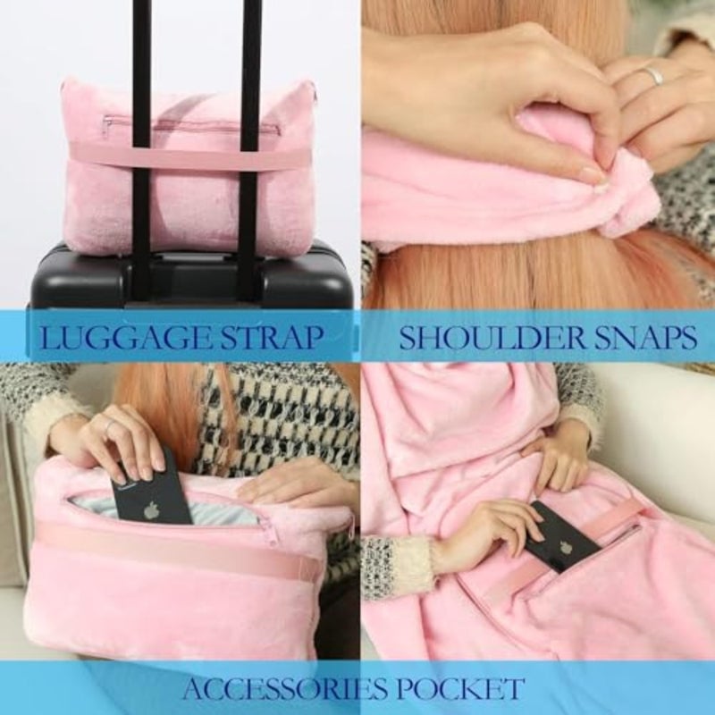 Travel Blanket and Pillow Set, Portable Inflatable Travel Neck Pillow and Premium Soft Airplane Blanket with Built-in Soft Bag, Neck Snaps, Zippered Pouch, and Hand Luggage Strap, 70"" x 40"" - Image 4