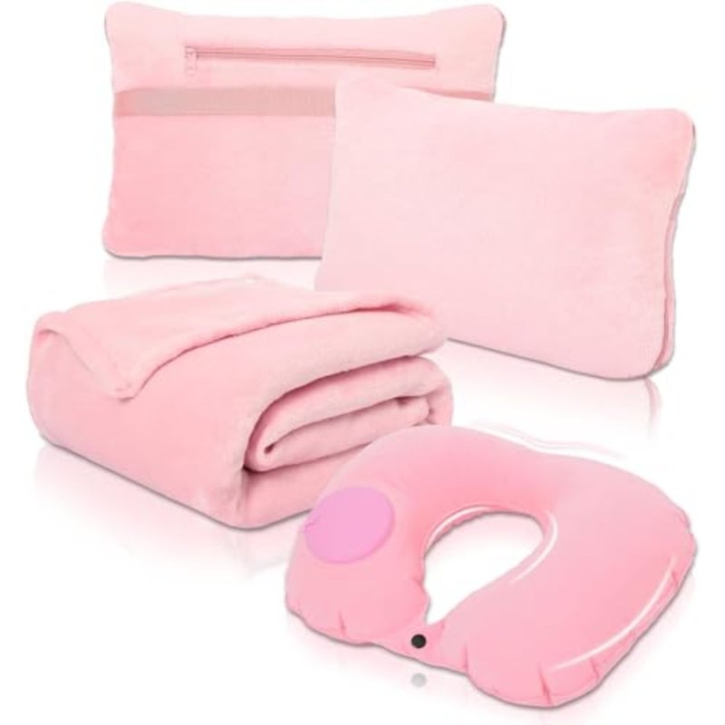 Travel Blanket and Pillow Set, Portable Inflatable Travel Neck Pillow and Premium Soft Airplane Blanket with Built-in Soft Bag, Neck Snaps, Zippered Pouch, and Hand Luggage Strap, 70"" x 40"" - Image 1