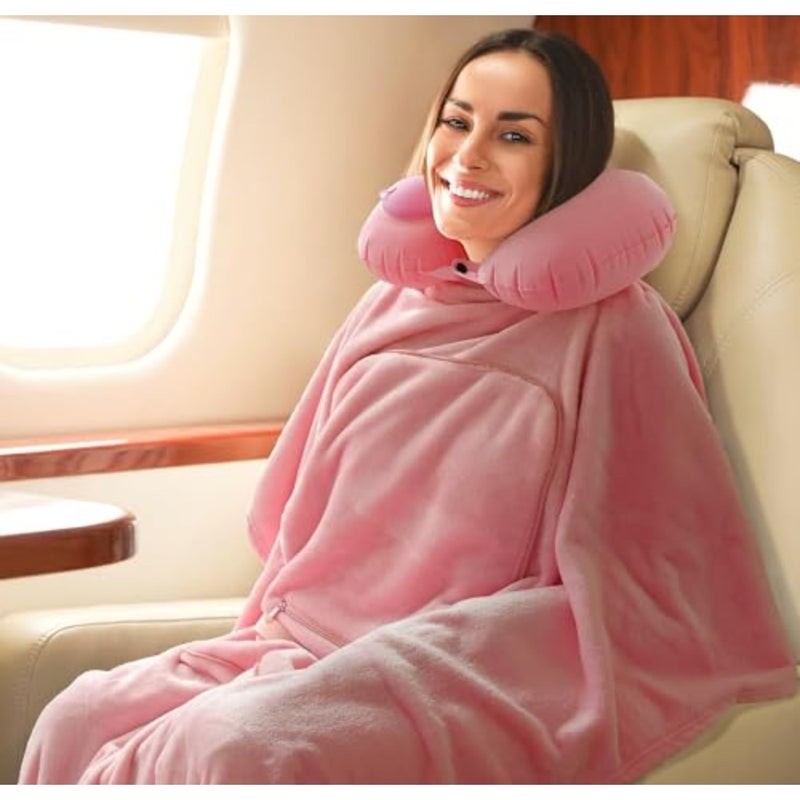 Travel Blanket and Pillow Set, Portable Inflatable Travel Neck Pillow and Premium Soft Airplane Blanket with Built-in Soft Bag, Neck Snaps, Zippered Pouch, and Hand Luggage Strap, 70"" x 40"" - Image 5
