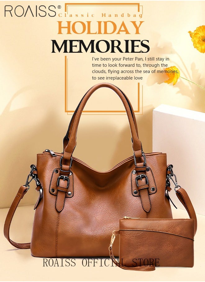 roaiss Large Crossbody Bags Ladies Shoulder Handbags Purse Set for Women Hobo Totes PU Leather Purses and Handbags Shoulder Bag Vegan Leather Tote Brown  - Image 1