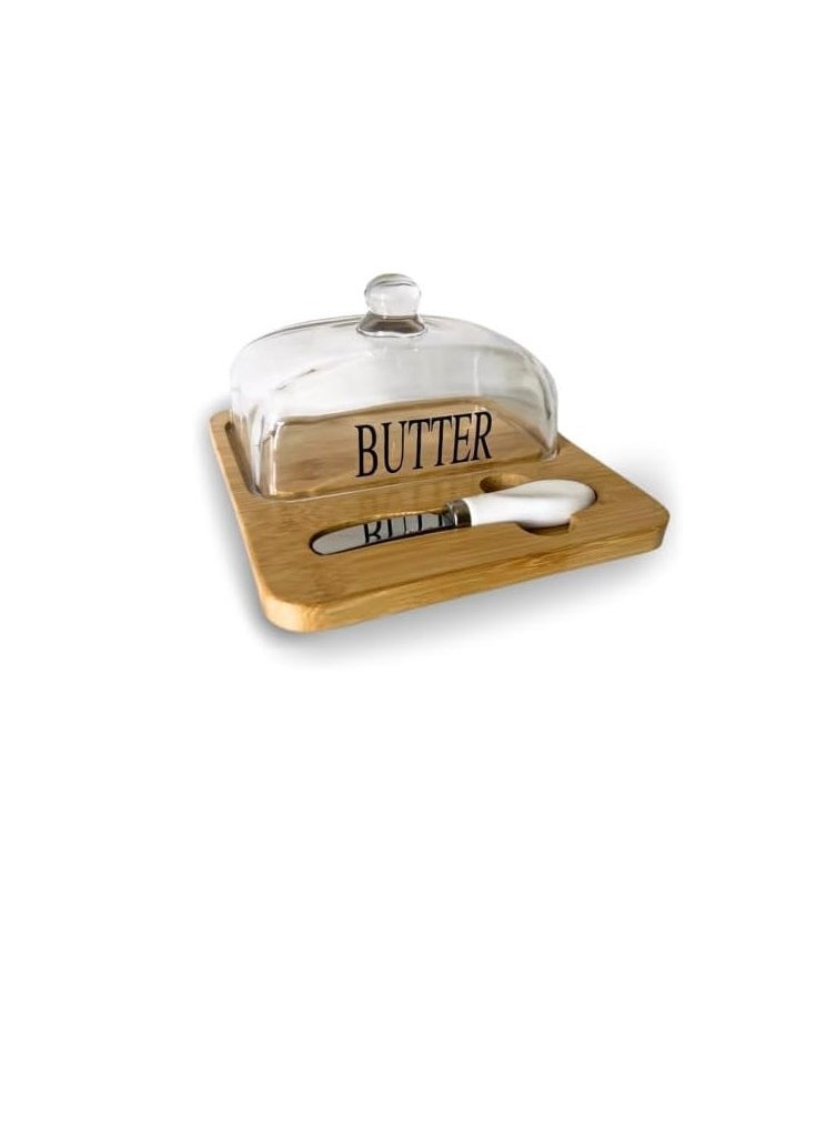 Butter and cheese dish with wooden base, knife and glass lid (18×18×10 cm)  - Image 1